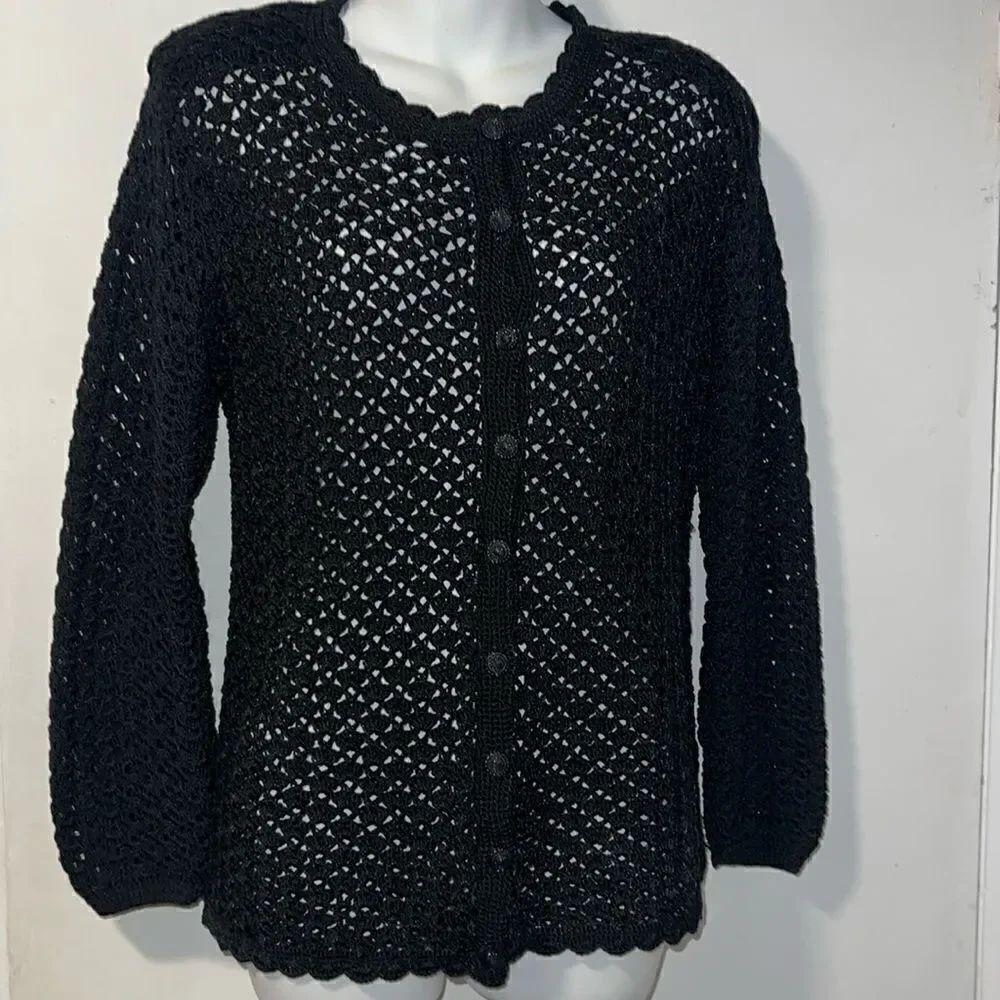 VINTAGE Black Crochet Button Up Sweater-M/L